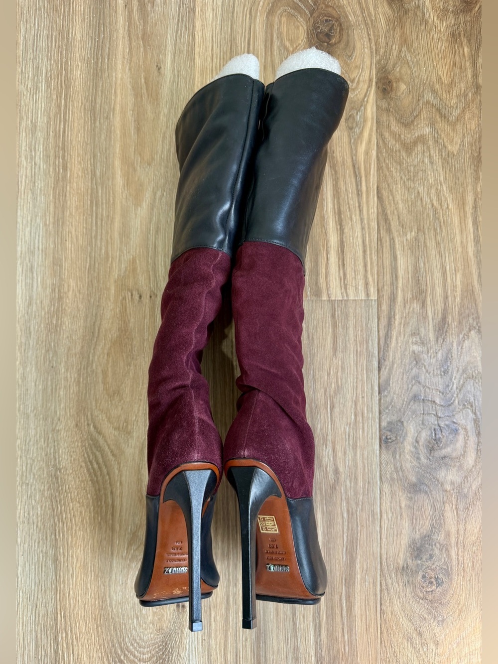 Schutz Leather & Suede Colorblock Over-the-Knee Boots Size 7.5B Burgundy Black - Picture 7 of 10